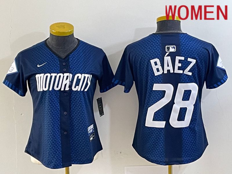 Women Detroit Tigers 28 Baez Blue City Edition Nike 2024 MLB Jersey style 1